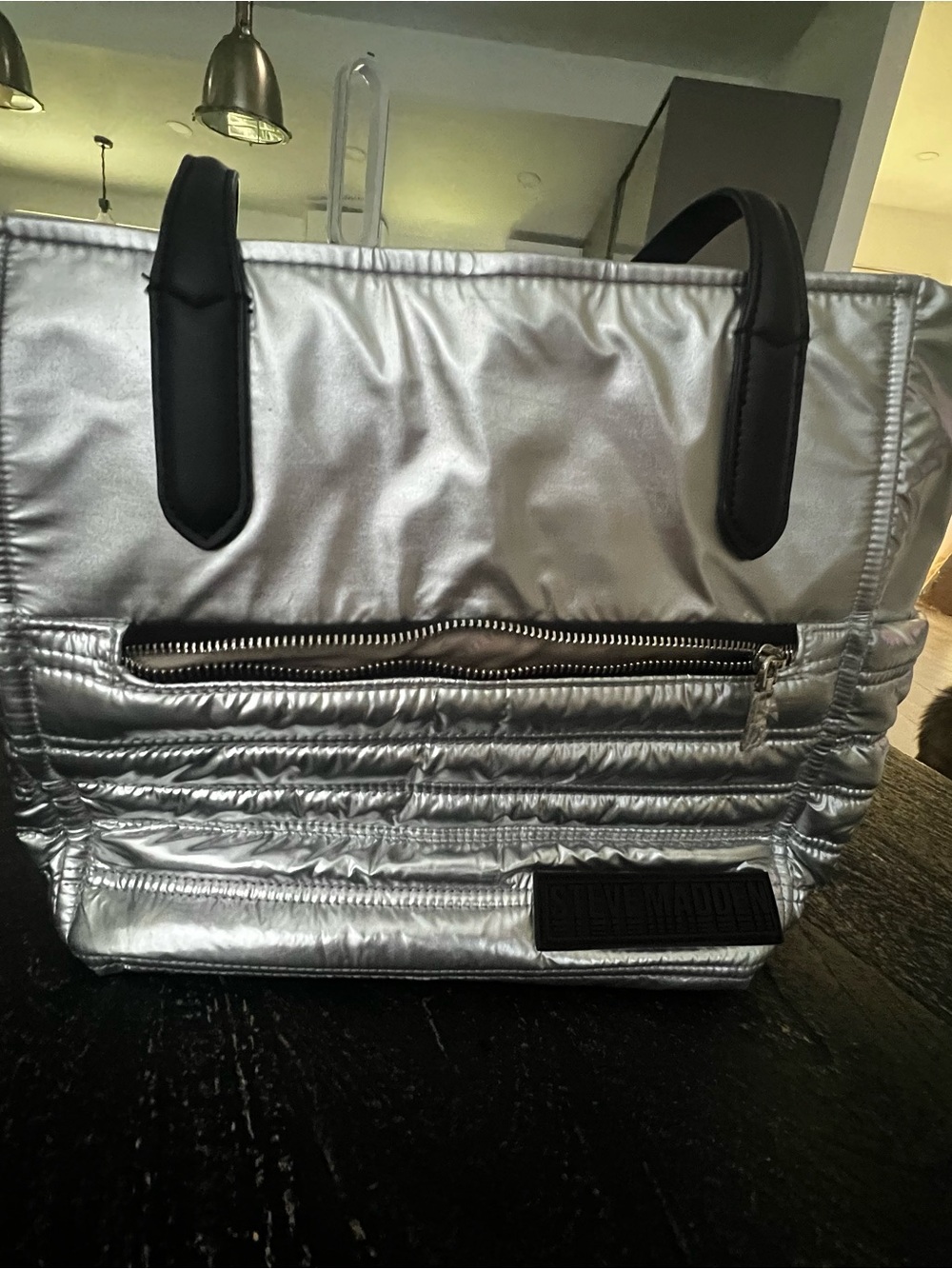 Steve Madden Silver Quilted Tote with Black Handles